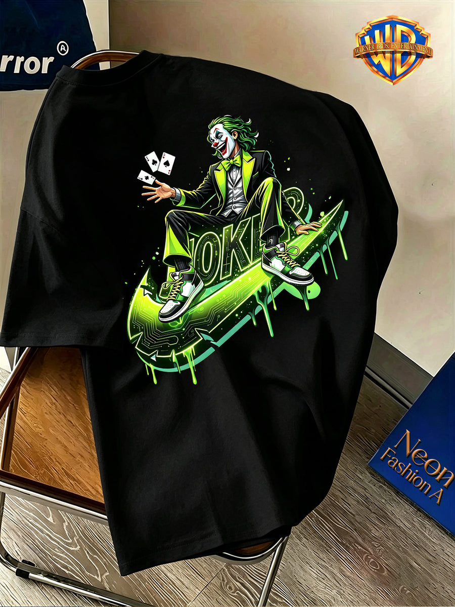 Warner Bros. Official Licensed Men'S Short Sleeve T-Shirt, DC Authentic Cyber Trendy Joker Print, American Retro Street Style Design, Spring/Summer Top, Regular Fit, Suitable for Outdoor, Fitness, Office, And Casual Wear - Black