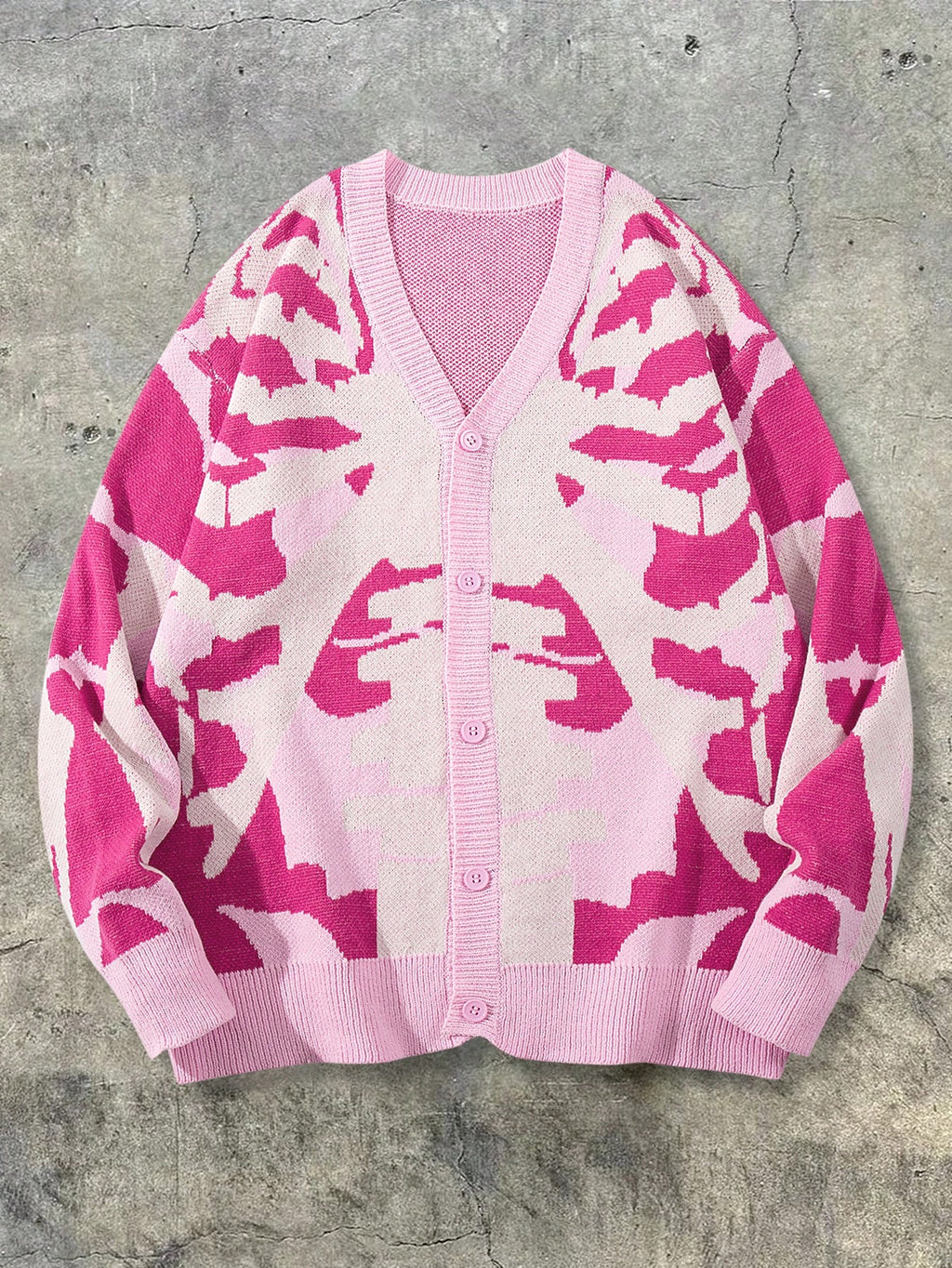 ANDREILEE Men's Sweater, American Vintage Style Fashion Trend, Casual Streetwear Style, Interwoven Color Pattern, Button-Up Cardigan, V-Neck, Long Sleeve, Loose Ribbed Knit Top Outerwear for Autumn/Winter - Pink Color