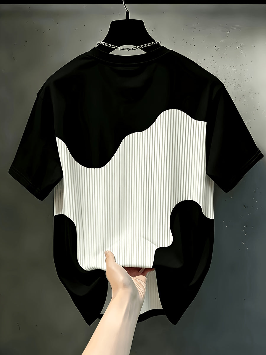 Print Design Textureless Men'S Casual Round Neck T-Shirt, Geometric Pattern Patchwork Striped Design, Chicago Word Pattern, Drapey Fashion Top, All-Season Wear, Breathable Regular Fit for Casual And Formal Outfits - Round Neck Casual Top - Mixed Color 1