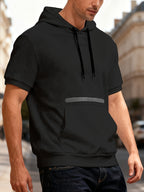 Spring/Summer Outdoor White Short-Sleeve Hooded Sweatshirt, Waffle Knit Breathable Fabric, Non-Stuffy, Versatile Half-Sleeve Top for Commuting and Shopping - Black