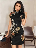 Elegant, Exquisite and Fashionable Women's Chinese Style Cheongsam Dress, Bridesmaid DressStand Collar, Oblique Placket and Frog Button DesignShort-sleeved, Slim Fit, Hip-hugging Short VersionSuitable for Daily Commute and New Chinese Style Wear - Black