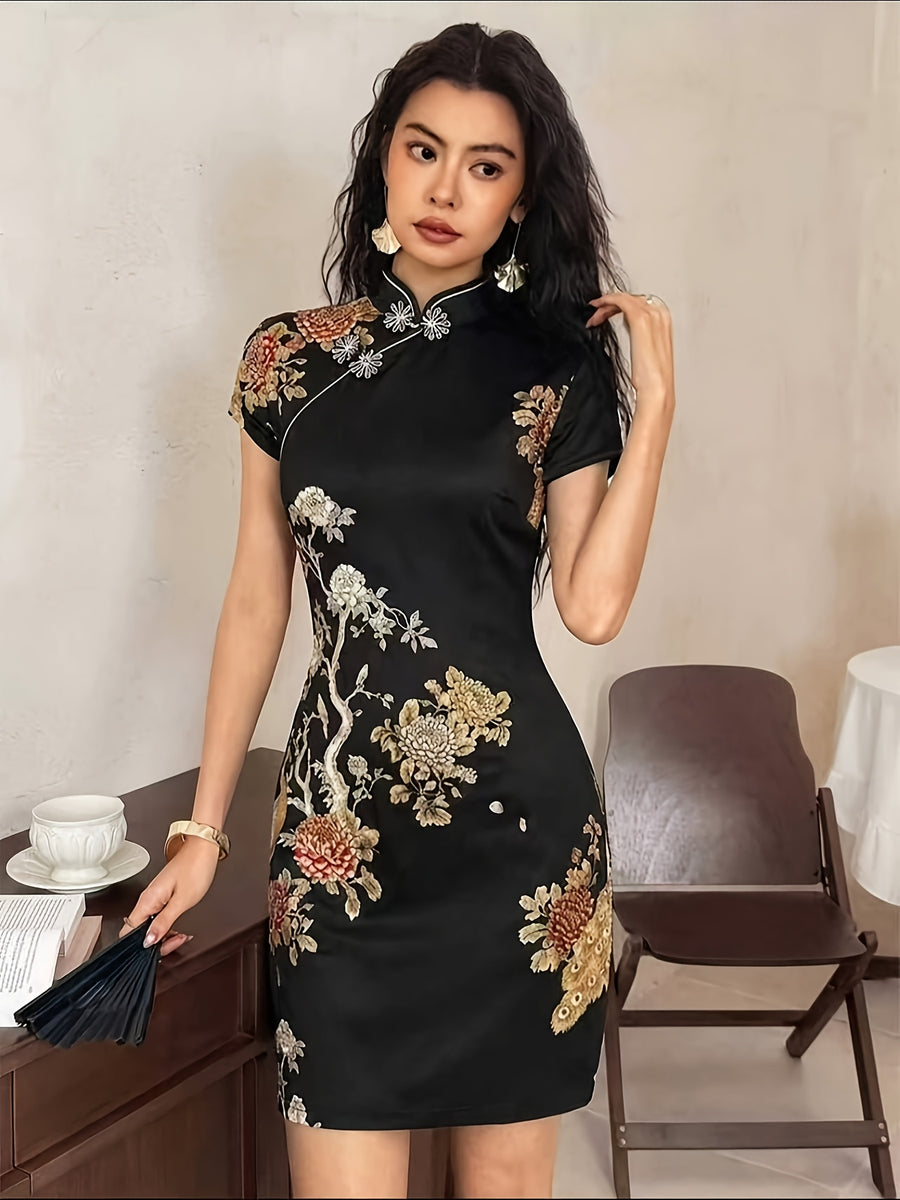 Elegant, Exquisite and Fashionable Women's Chinese Style Cheongsam Dress, Bridesmaid DressStand Collar, Oblique Placket and Frog Button DesignShort-sleeved, Slim Fit, Hip-hugging Short VersionSuitable for Daily Commute and New Chinese Style Wear - Black