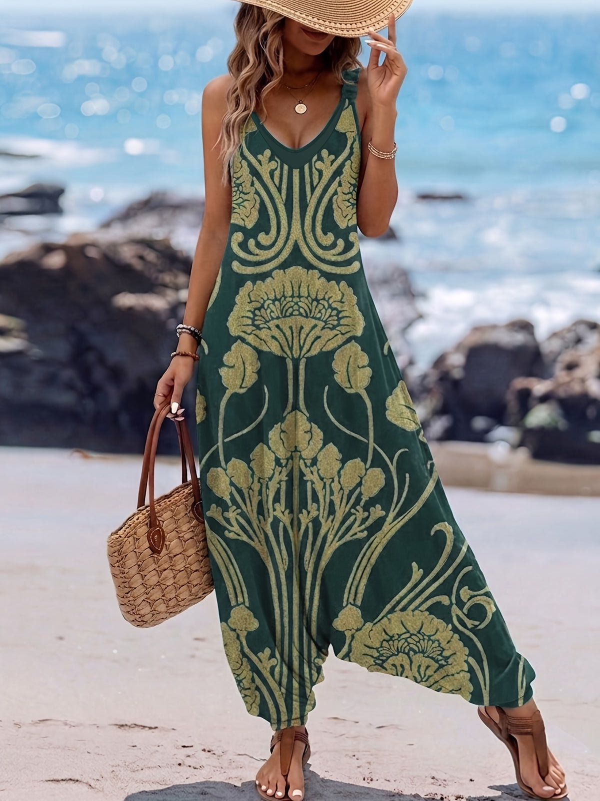 Women's Vintage Print Jumpsuit, Cross-Strap V-Neck Waist-Cinching Loose Fit, Flowy and, Bohemian Style, Beach Vacation, Artistic Outfit, Versatile and Elegant, Long Jumpsuit - Green