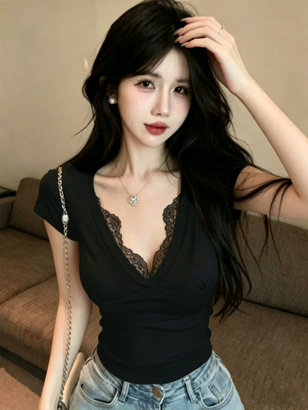 Women' Elegant V-Neck Lace Patch T-Shirt - Short Sleeve Blouse Top with Lace Trim, Solid Color Suitable for Summer, Machine Washable Non-Sheer Shirt for Casual & Dressy Wear - Black