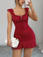 Women'S Vintage Ruffled Hem Fitted A-Line Dress, Elegant Sexy French Waist-Cinching Tight Summer Dress - Red