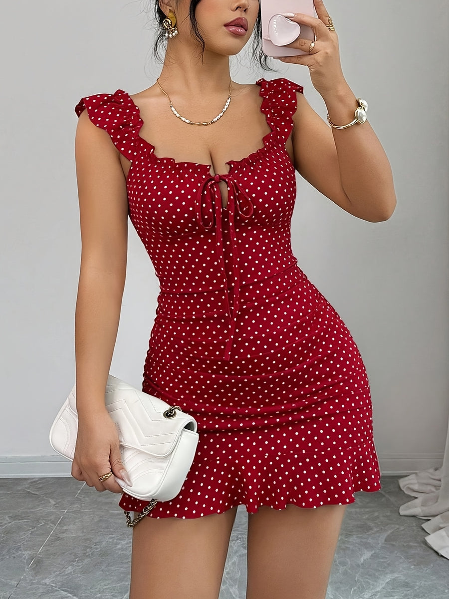 Women'S Vintage Ruffled Hem Fitted A-Line Dress, Elegant Sexy French Waist-Cinching Tight Summer Dress - Red