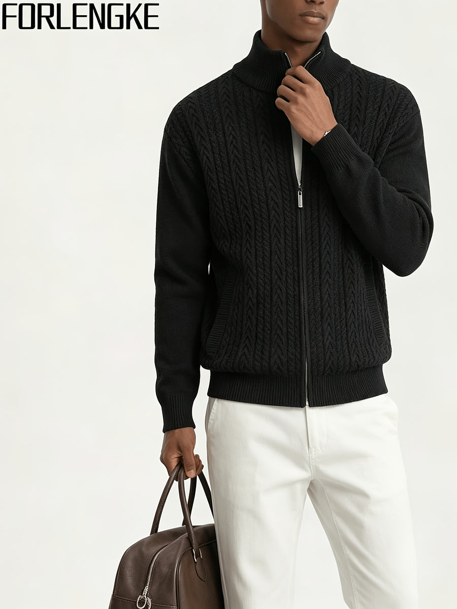 FORLENGKE Men'S Half-Turtleneck Zip-Up Knit Cardigan with Vintage Cable Knit Texture, Solid Color Sweater Jacket, New Autumn/Winter Trendy Long-Sleeve Top, Soft And Skin-Friendly Knit Fabric, Perfect for Everyday Outings, Shopping, And Casual Wear - Black