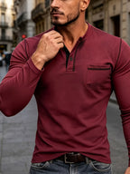 New Quick-Dry Fabric Henley Collar Long Sleeve Men'S Color-Block Lines Chest Pocket Casual Commute Running Fitness Long Sleeve Shirt - Burgundy