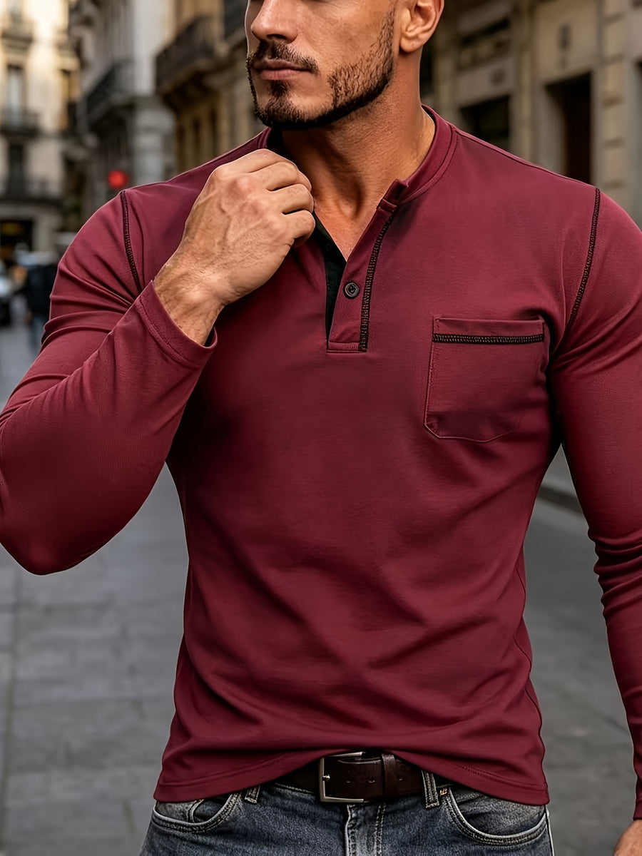 New Quick-Dry Fabric Henley Collar Long Sleeve Men'S Color-Block Lines Chest Pocket Casual Commute Running Fitness Long Sleeve Shirt - Burgundy