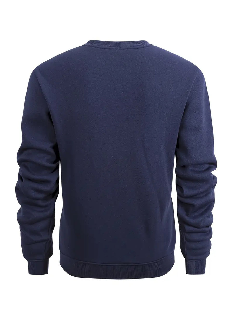 Autumn Winter Men'S Thickened Fleece Round Neck Sweatshirt JEEP Letter Print Loose Long Sleeve Pullover 4 Colors Available Soft Skin-Friendly Daily Commute Inner Outerwear All-Match Warm Casual Base Layer Top - Navy Color