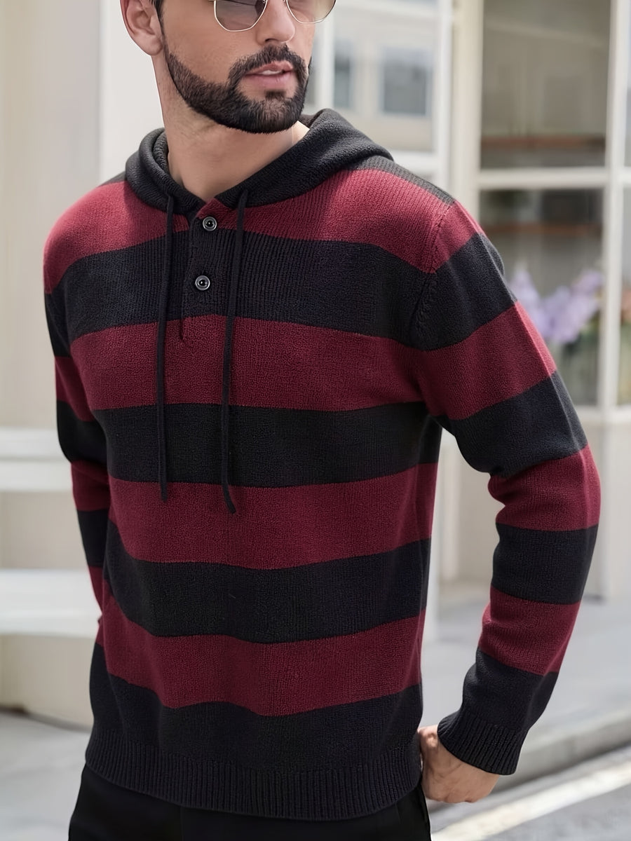Men'S Hooded Sweater Autumn Winter New Fashion Casual Sweatshirt Knit Pullover Long Sleeve Warm Top Men, Regular Fit, Daily, Striped - Burgundy