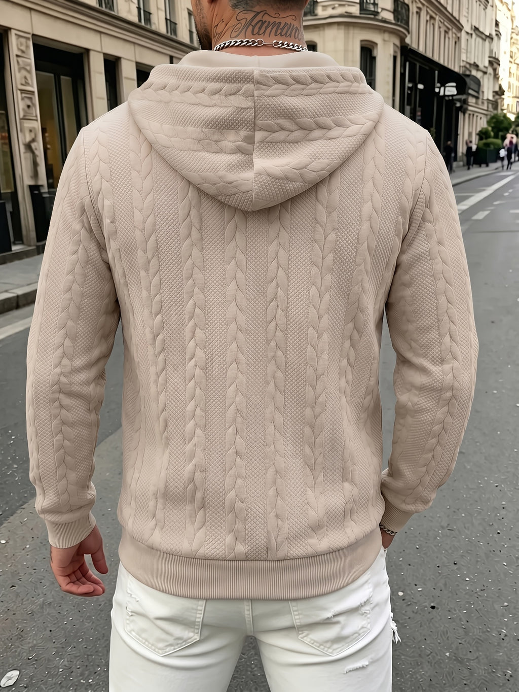 Autumn Winter Men'S Thick Jacquard Long Sleeve Cardigan Hoodie, Comfortable Warm Fabric with Trendy Print, Suitable for Daily Outings, Outdoor Sports, Travel, And Vacation, Lightweight Comfortable Regular Fit, Ideal for Beach, Hiking, Evening Wear - Khaki