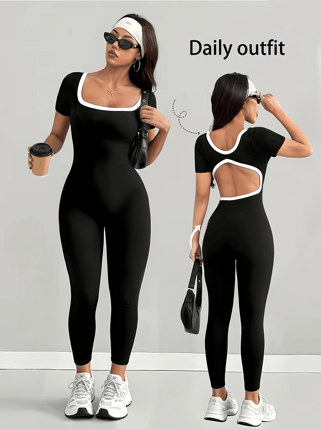 Black and White Color-block Square Neck Short-sleeve Jumpsuit, Stretchy Slim-fit Vintage Sexy Style, Suitable for Daily Commuting, Outings, Leisure, and Various Other Occasions. YYTT - Black