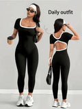Black and White Color-block Square Neck Short-sleeve Jumpsuit, Stretchy Slim-fit Vintage Sexy Style, Suitable for Daily Commuting, Outings, Leisure, and Various Other Occasions. YYTT - Black