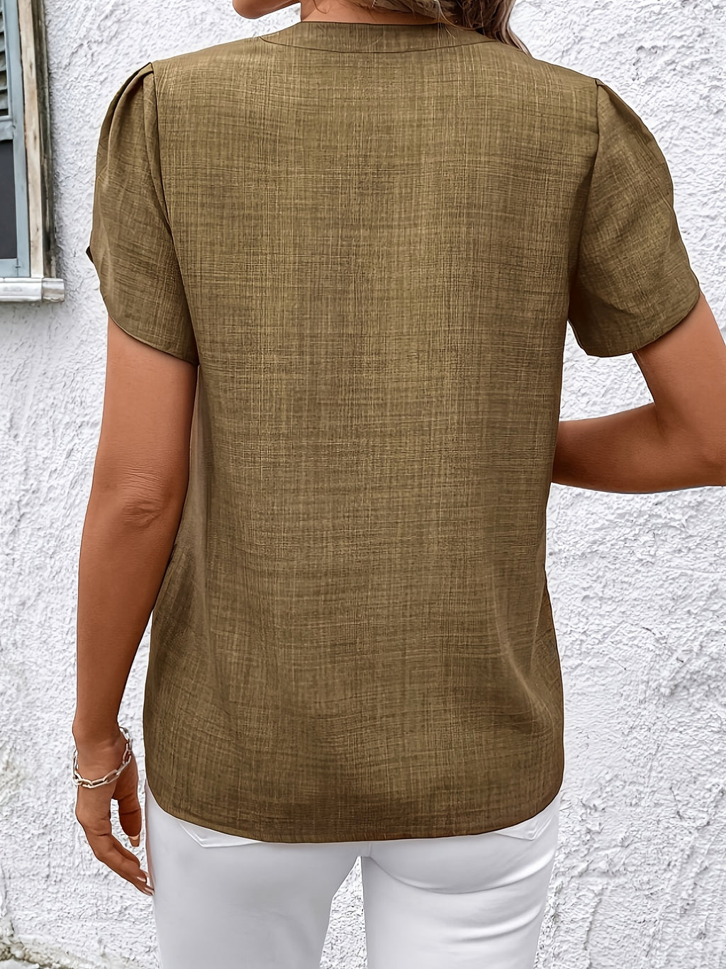 Elegant Petal Sleeve Notched V-Neck Shirt | Solid Color, Suitable for Spring/Summer/Fall - Camel