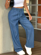 Women'S High-Waist Straight-Leg Jeans with Elastic Drawstring Waistband - Comfortable Casual Trousers, Medium Blue, Loose Fit, All-Season, Casual Denim | Straight-Leg Jeans | Fabric, Suitable for Daily Commute, Vacation Travel, Trendy Gatherings - Sky Blue