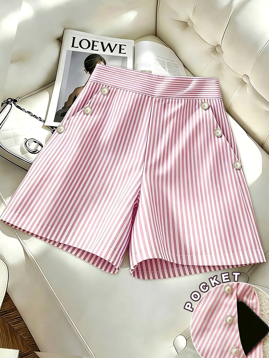 Women's Striped Button Pocket Shorts - Non-Stretch Casual Commuter Shorts with Button Closure Pockets, Striped Suitable for Spring Summer Fall, Machine Washable Shorts for Office, Casual Attire & Layering (No Elastic) - Pink Color