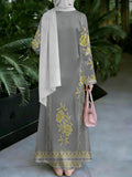 Women'S Hot Middle Eastern Style Muslim Elegant Robe, Gray Base with Golden Floral All-Over Print Dress, Loose Body-Covering Long Sleeve Cut, Home And Outing Prayer Wear, Lightweight Flowing Non-Embroidered Craft - Mixed colors