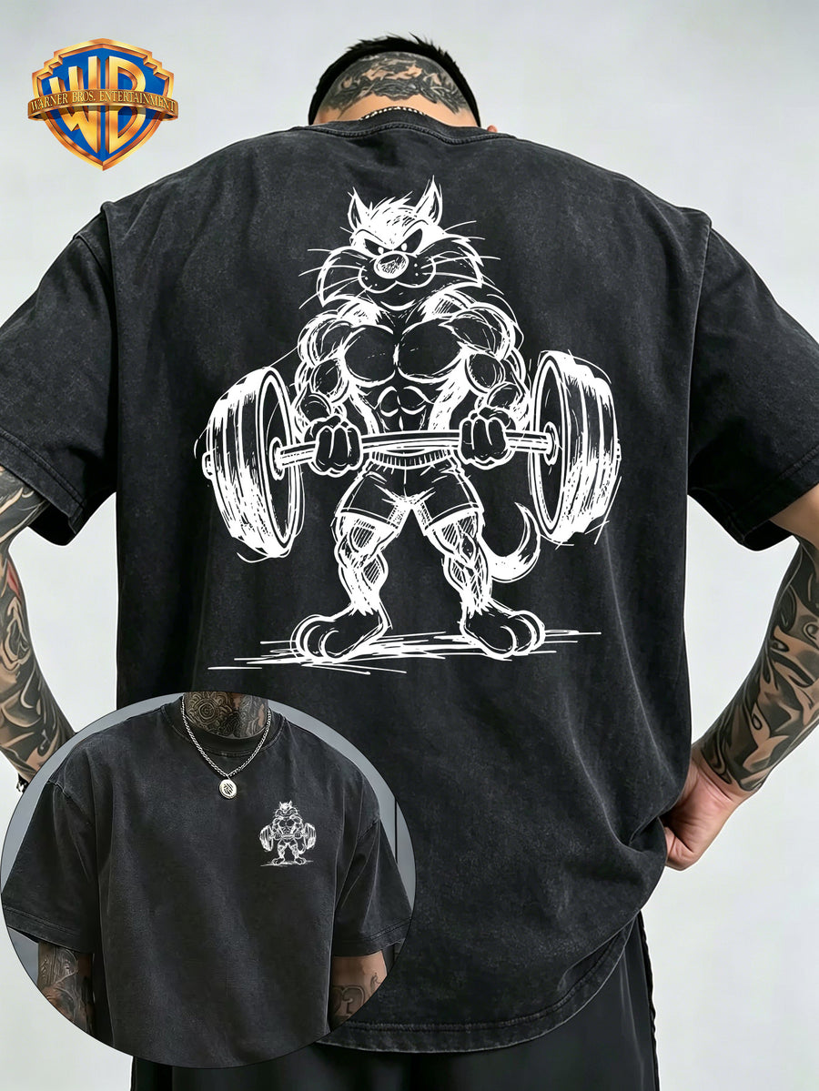 Warner Bros Official Hand-Drawn Line Art Big Silly Cat Print Washed Distressed T-Shirt, Men's 100% Pure Cotton Fabric, Casual and Comfortable Style, Loose Fit Breathable Short Sleeve Men's Casual Top, Distressed Washed Loose Fit - Black