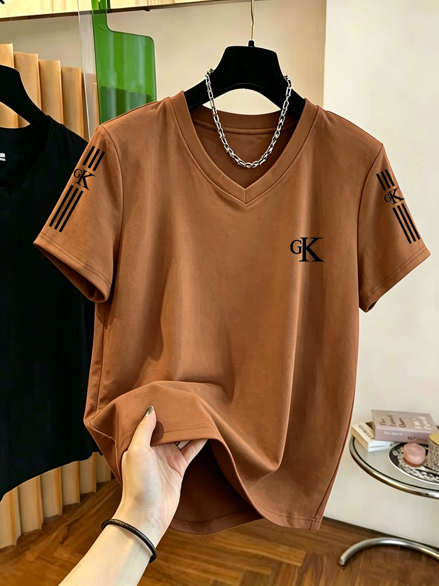 V-Neck Short-Sleeve T-Shirt with GK Letter & Striped Print - Casual Basic Top, Non- Opaque Shirt Suitable for Spring Summer Wardrobe, Machine Washable Casual Attire for Office, Layering & Transitional Outfits - Coffee Brown