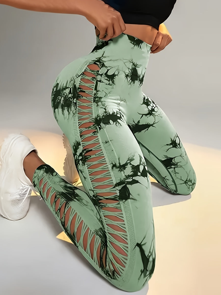 Women's High-Waist Seamless Hollow-Out Fashionable High-Stretch Yoga Pants for Fitness and Outdoor Sports - Mint Green