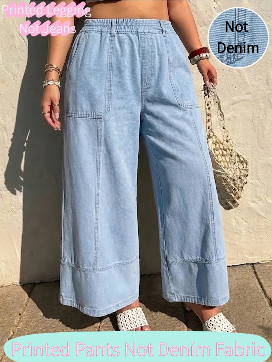 [Printed Pants - Not Denim Fabric]Plus Size - [Printed Pants - Not Faux Denim Fabric]Plus Size - [Printed Pants - Not Faux Denim Fabric] Plus Size Women'S Clothing, Women'S Stretch Printed Faux Denim Ankle Pants, Stretch Faux Denim Fabric - Light Blue