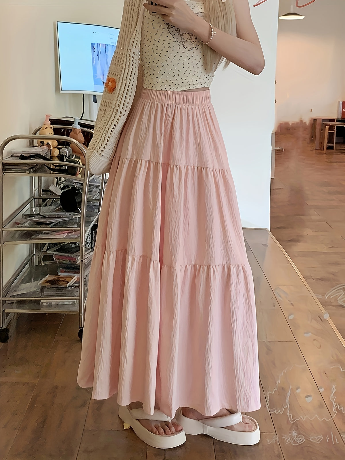 A-Line Umbrella Sweet Spring And Autumn Women'S High-Waisted Long Skirt with Elastic Waistband, Long Skirt with Lining, Beach Party Long Skirt - Light Pink Color