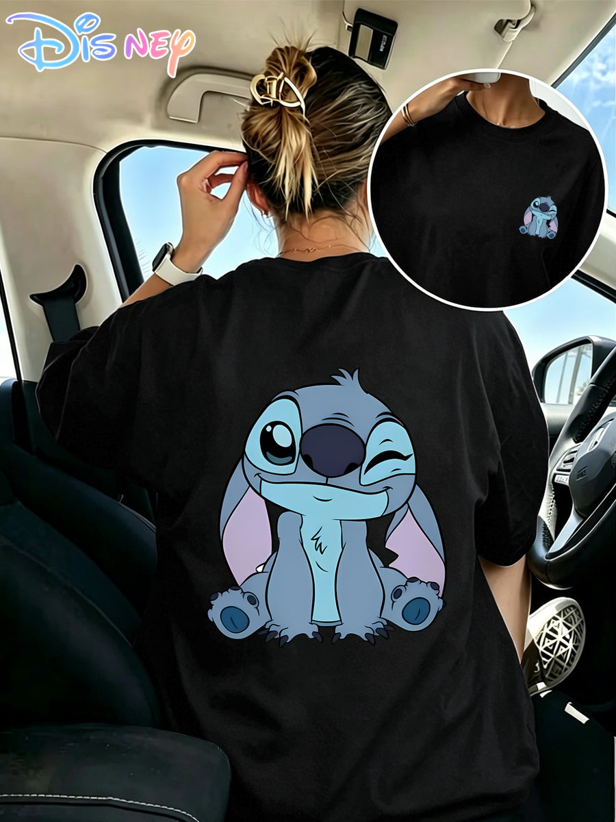 100% Spring/Summer Women's Pure Fashion T-Shirt, Pure Short-Sleeve Top with Disney IP Print "Disney" Stitch Winking, Smiling, Sitting with One Hand on Chin, Cute Print Pure T-Shirt, Crew Neck, Casual, Comfortable, Stylish, and Versatile - Black