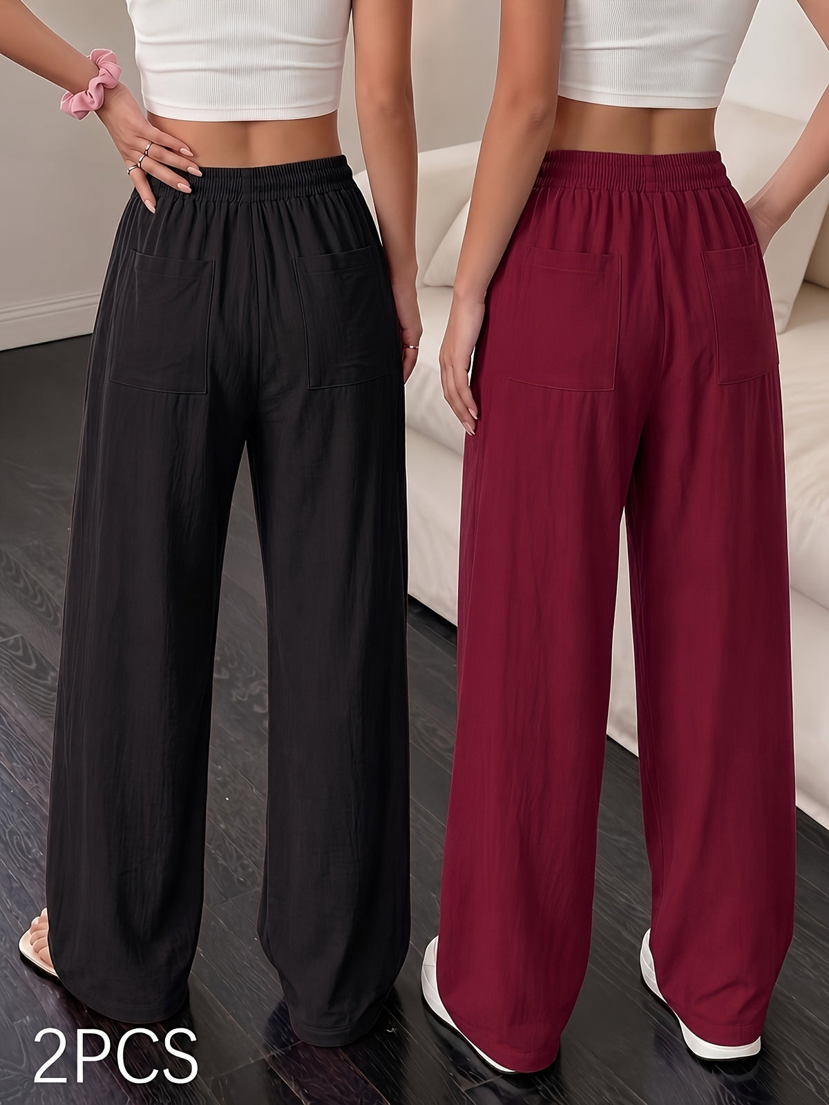 2pcs Set, Lazy Style Loose Linen Texture Casual Trousers, Summer Breathable Comfortable Straight Wide-Leg Pants - Burgundy+Black