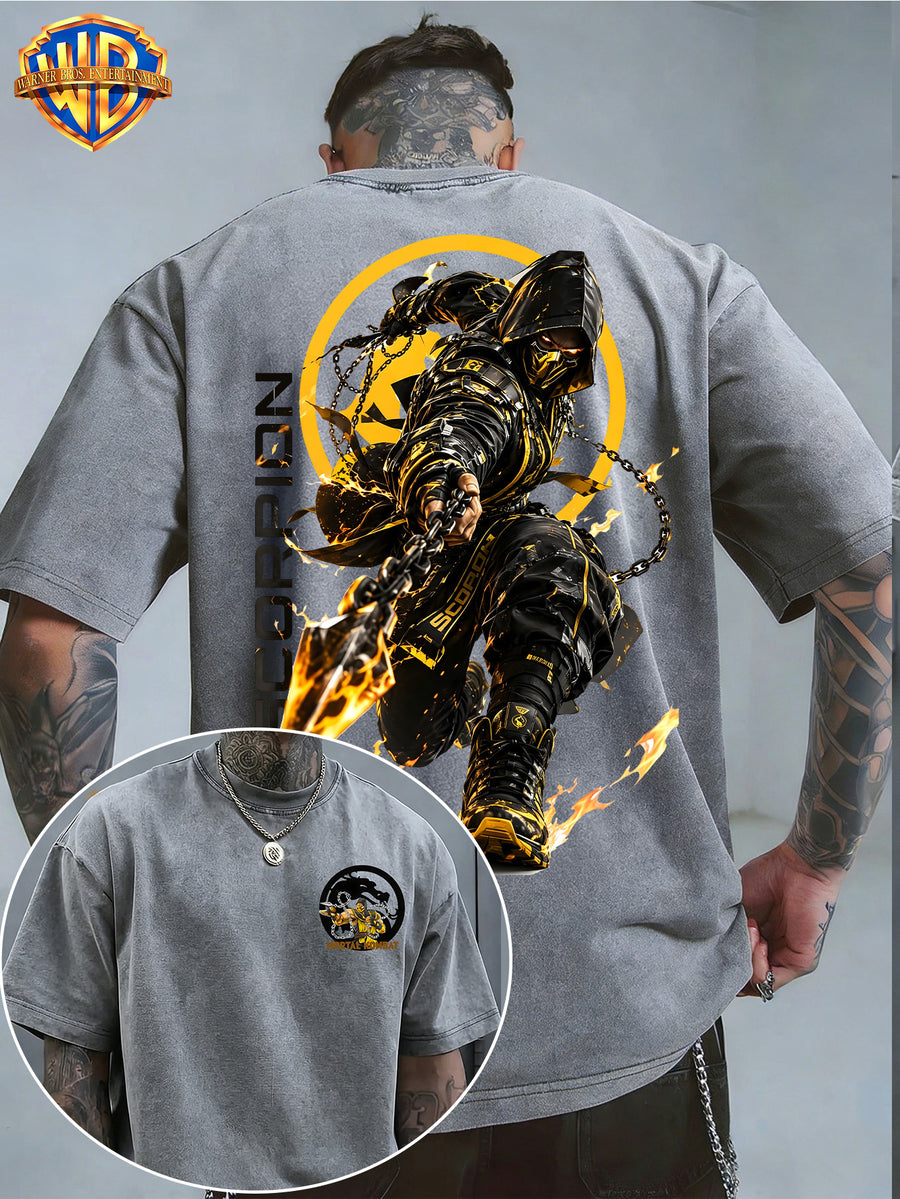 Warner Bros. Official - Mortal Kombat NetherRealm Empire Yellow and Black Ninja Scorpion Print, American Vintage Washed Distressed T-Shirt, Suitable for Daily Commuting and Outdoor Wear, Machine Washable, Unisex - Grey