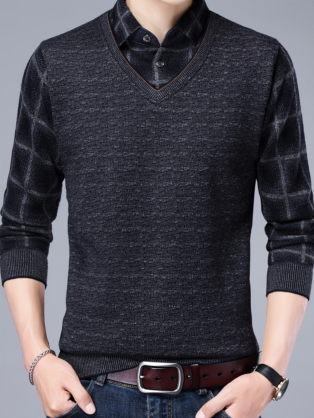 Spring/Autumn New Men's V-Neck Polo Shirt, Plaid Patchwork Long Sleeve, Business Casual 2-in-1 Look Pullover Base Layer Men's Apparel - Grey