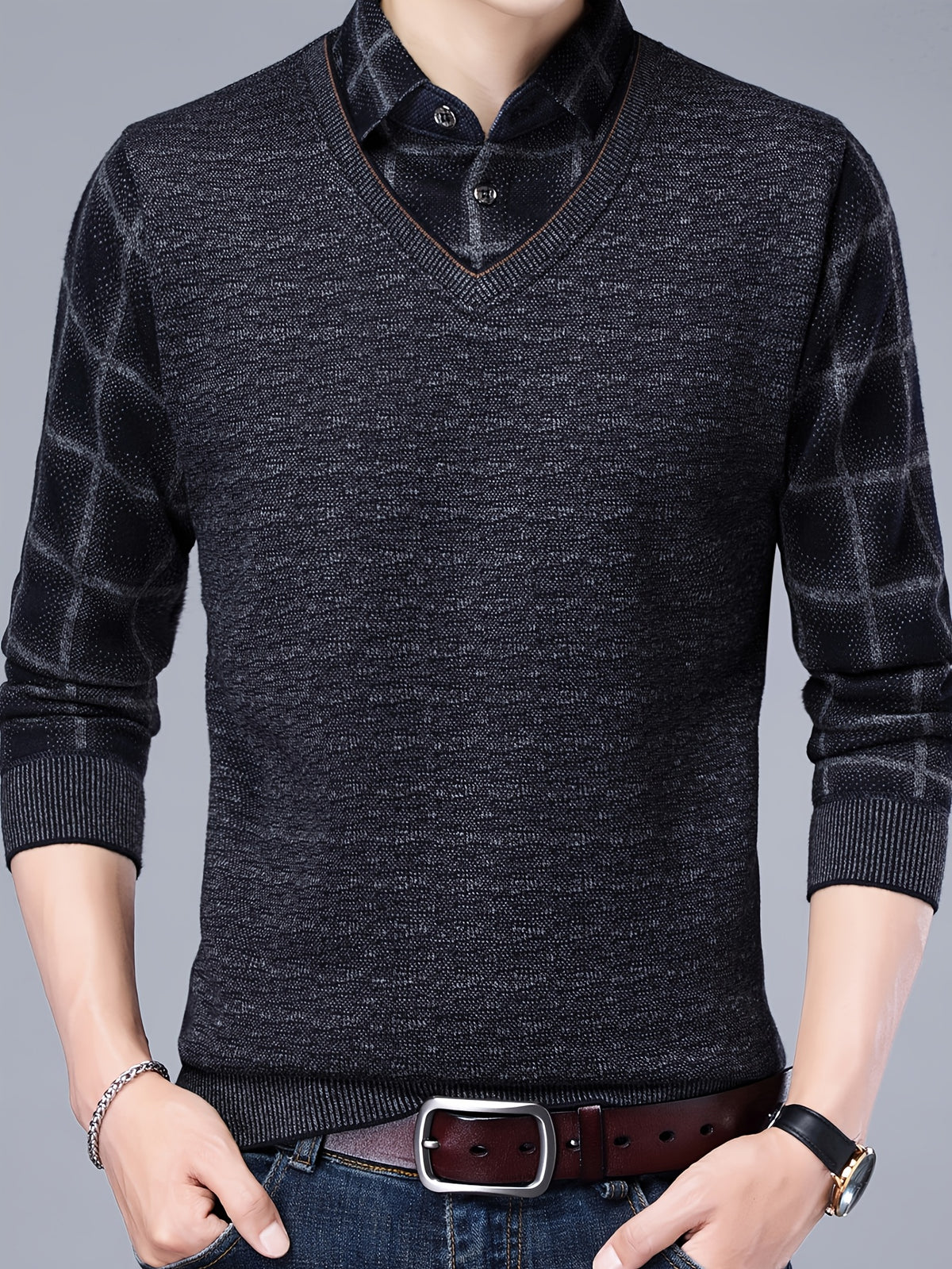 Spring/Autumn New Men's V-Neck Polo Shirt, Plaid Patchwork Long Sleeve, Business Casual 2-in-1 Look Pullover Base Layer Men's Apparel - Grey