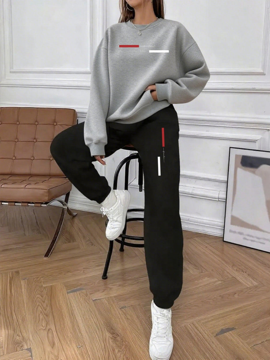 Halloween Christmas Autumn Winter New Style: Women'S Exquisite Casual Sports Fleece Sweatshirt 2pcs Set, Easy Cool Printed Theme Pattern - Comfortable Round Neck Sports Top And Joggers with Side Pockets - Ash