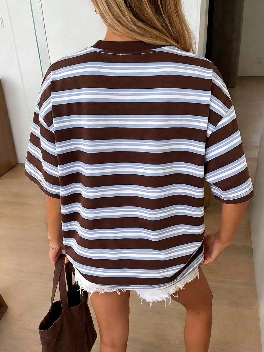 Striped Print Summer Women'S Clothing, Y2K Cute T-Shirt, Spring And Summer Casual Women'S Top, Oversized Loose Round Neck Short Sleeve T-Shirt - Coffee Brown