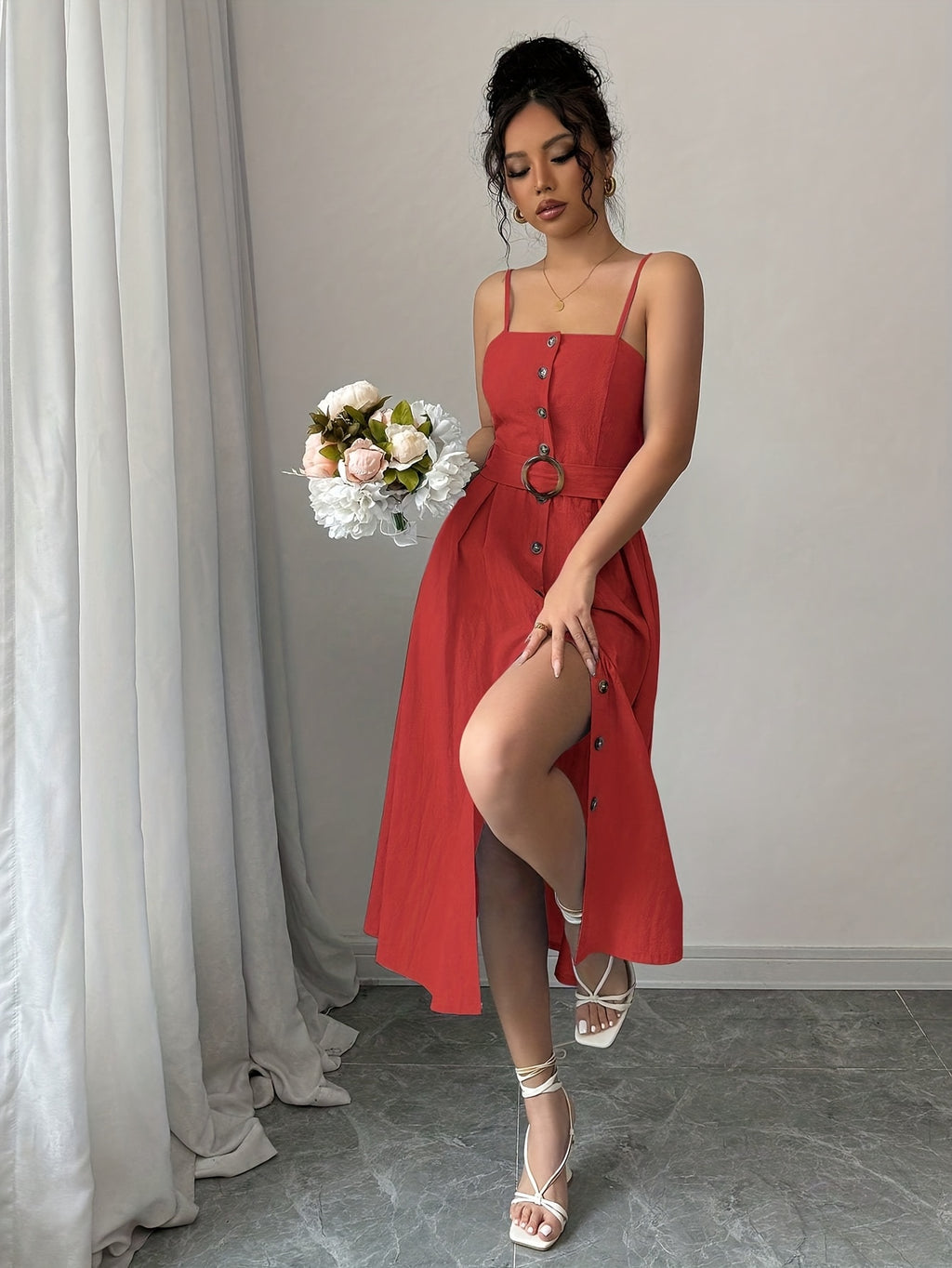 A Stylish And Elegant Sleeveless Dress with Easy Button Decorations, Perfect for Daily Commutes And Dates, Featuring a Mid-Length Design And a Belt - Orange-red