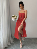A Stylish And Elegant Sleeveless Dress with Easy Button Decorations, Perfect for Daily Commutes And Dates, Featuring a Mid-Length Design And a Belt - Orange-red