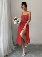 A Stylish And Elegant Sleeveless Dress with Easy Button Decorations, Perfect for Daily Commutes And Dates, Featuring a Mid-Length Design And a Belt - Orange-red