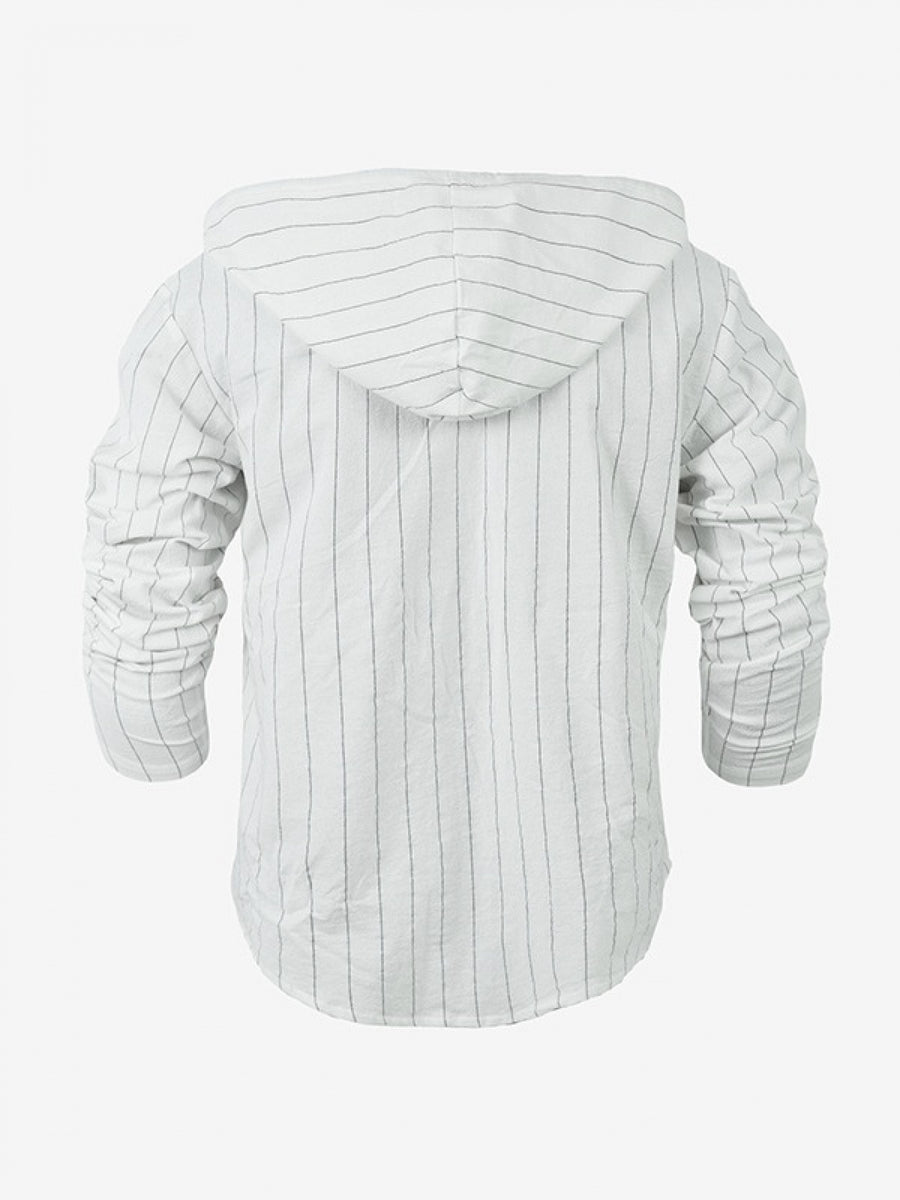 Men's Spring/Autumn Linen Casual Hooded Shirt, American-Style Loose Fit, Effortlessly Stylish, Long-Sleeve Cardigan Design for Easy On/Off, Linen Fabric Is Dry and Breathable, Versatile and Trendy Men's Apparel for Beach Outings - White