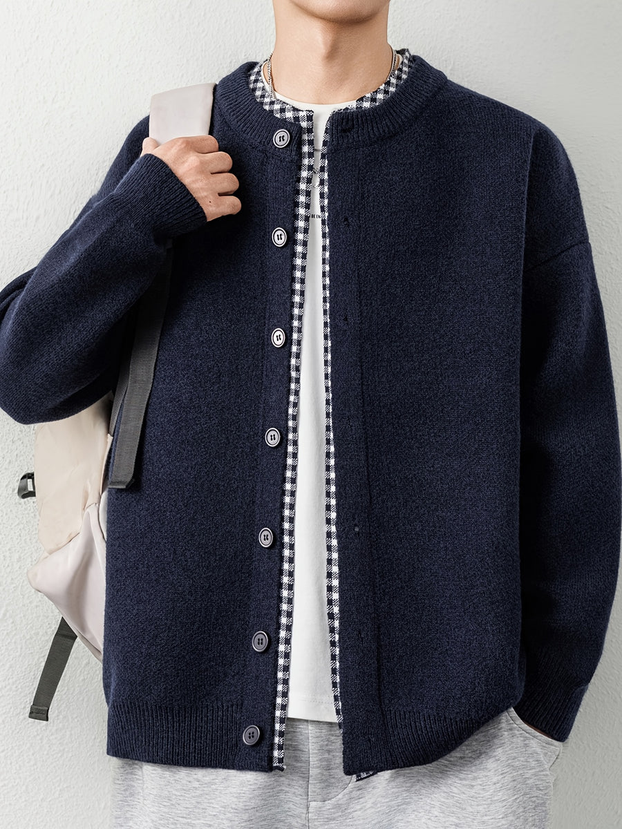 [Wading Whale OBM] 1pc Autumn Winter New Men'S Knit Cardigan, Old Money Style Textured Contrast Round Neck Single Button Front Long Sleeve Sweater Vest Top, Men'S Casual Fashion, Suitable for Spring, Autumn, Winter Wear, Fits Daily Commute - Navy