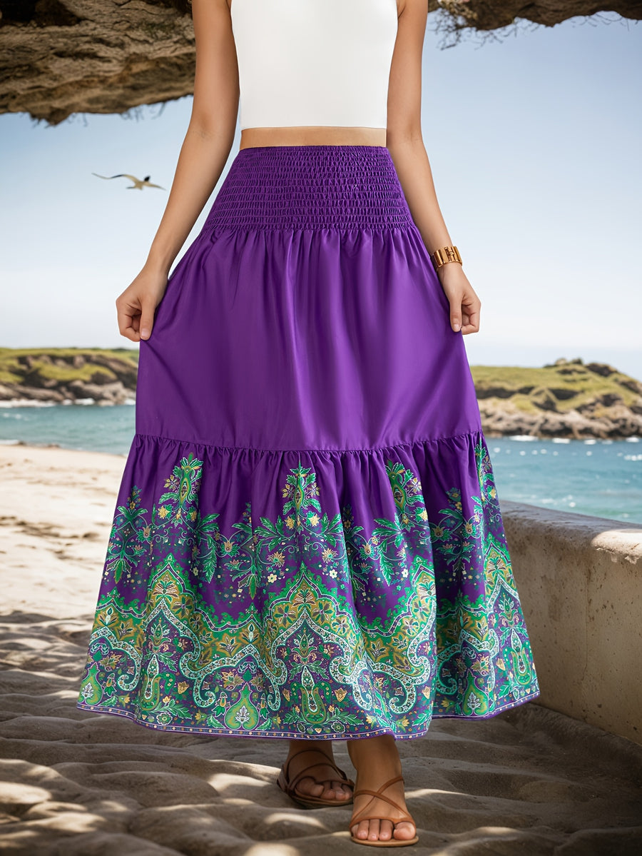 Flower Print Gathered Maxi Skirt - Purple