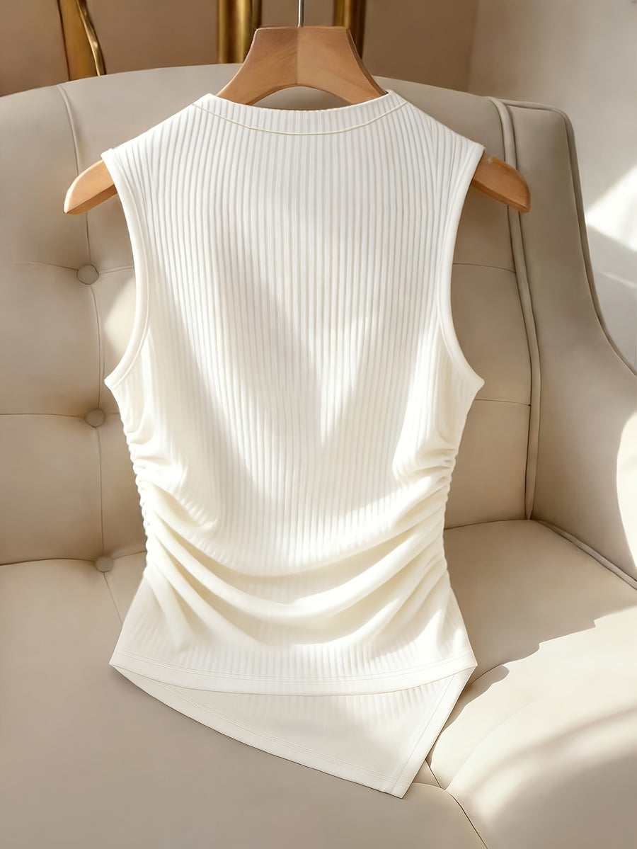 Women'S Metallic Decorative Ribbed Solid Elegant Sleeveless Top - Milky