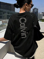Symmetrical Printed Short Sleeves, Cosmic Galaxy, Space Theme Pattern Women's Single Piece Trendy Casual Tshirt, Shortsleeved Round Neck Casual Top, Summer and Spring, Women's Clothing - Black
