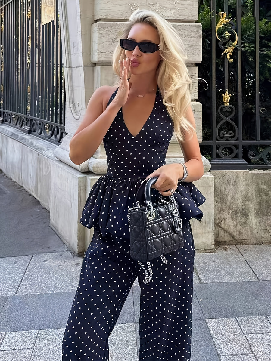 Elegant French Polka Dot V-Neck Ruffled Hem Top And Pocket Long Pants 2pcs Set, Vacation, Commute, Party, Back to - Mixed colors