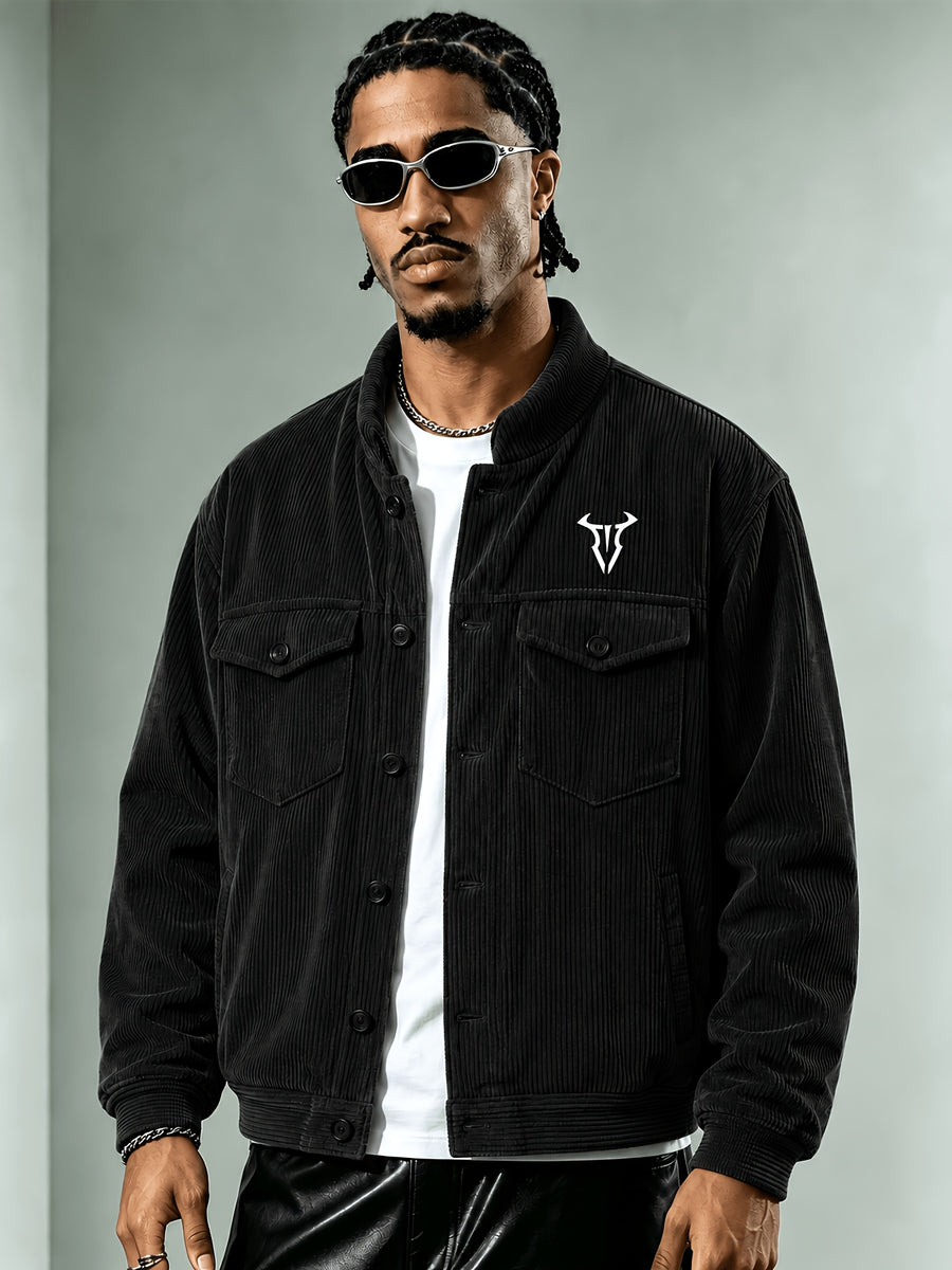 Men'S Corduroy Jacket, Autumn Winter Retro Stand Collar Long Sleeve Coat, Double Pocket Cow Head Print Cargo Casual Top, Loose All-Match Street Style Men'S Jacket - Black