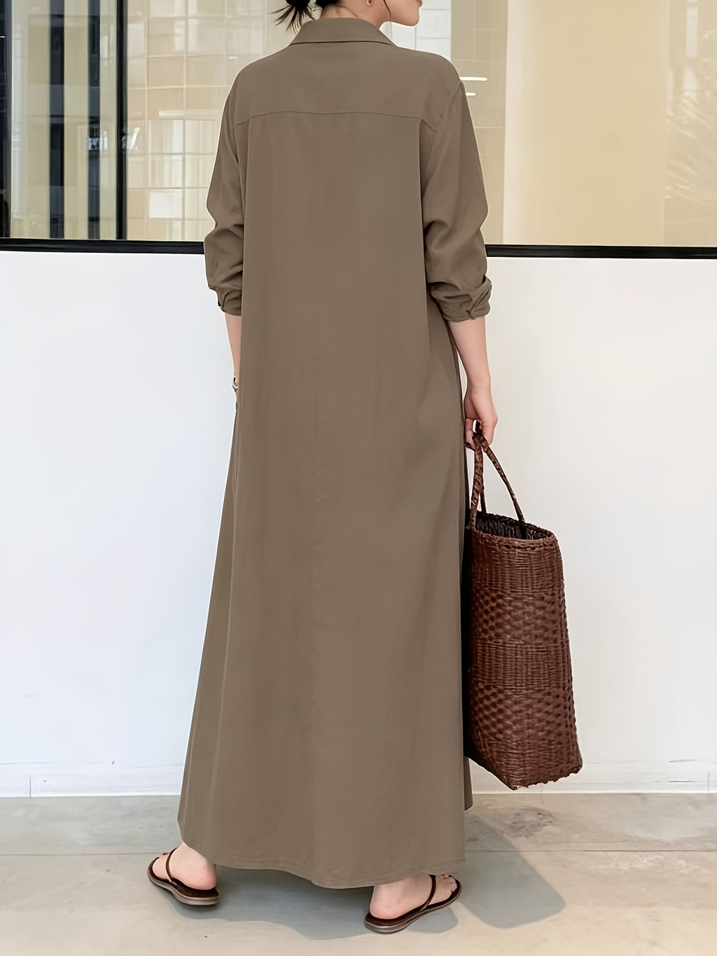 In Stock European And American New Solid Color Lapel Long Sleeve Pocket Easy Loose Casual Long Dress 1pc - Coffee Color