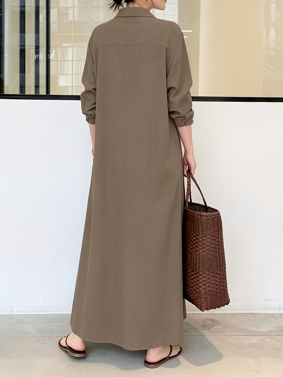 In Stock European And American New Solid Color Lapel Long Sleeve Pocket Easy Loose Casual Long Dress 1pc - Coffee Color