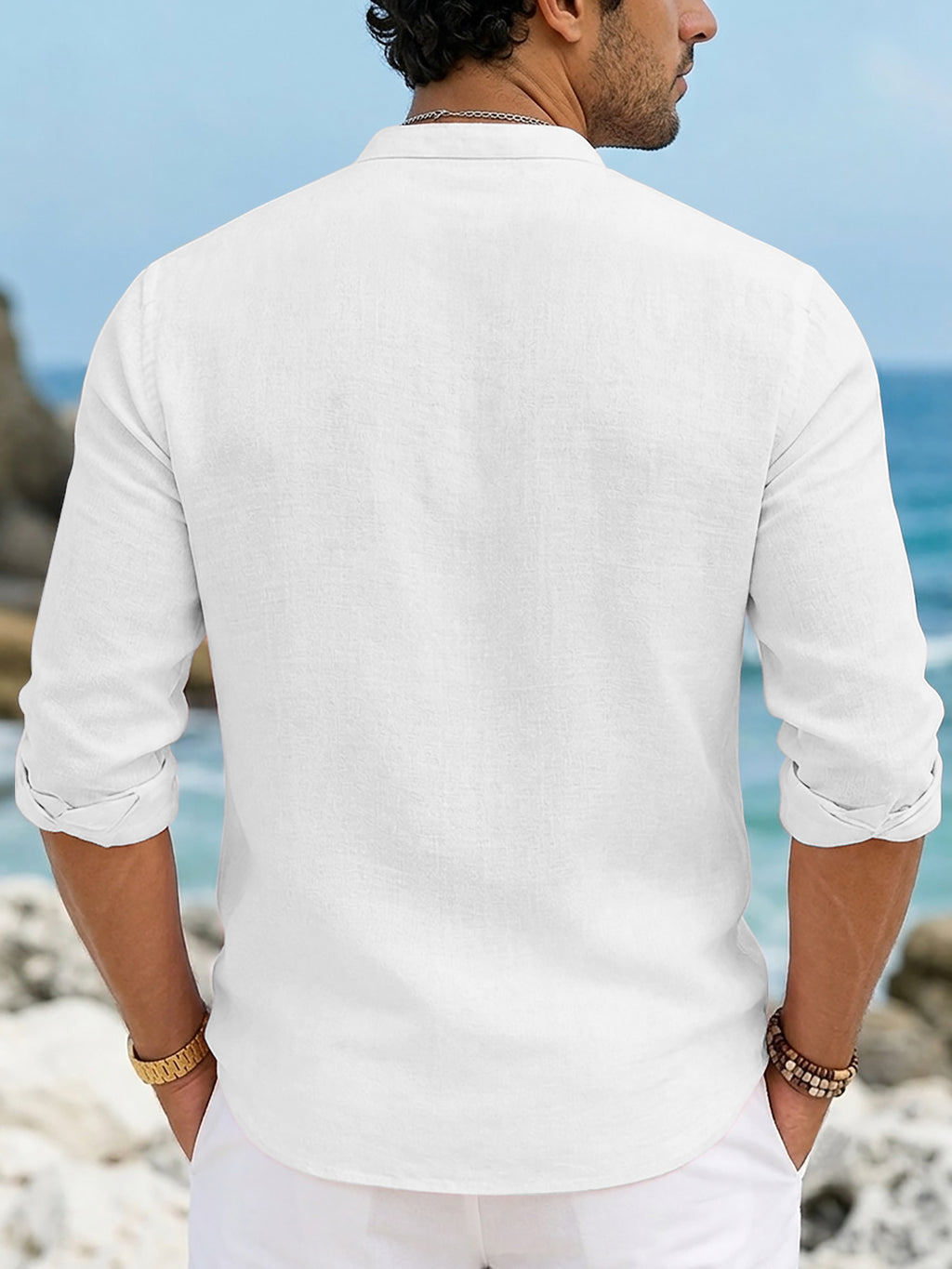 Men'S Casual Faux Linen Stand Collar Long Sleeve Shirt, Breathable And Comfortable Fabric, Suitable for Daily Wear, Travel, And Beach Vacations, Machine Washable Regular Fit, Easy Letter Print Design, Fashionable And Versatile Top, Ideal Gift - White
