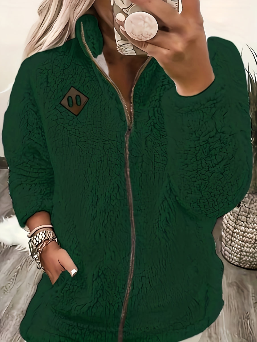 Women'S Faux Small Stand Collar Thick Jacket Coat - Dark Green