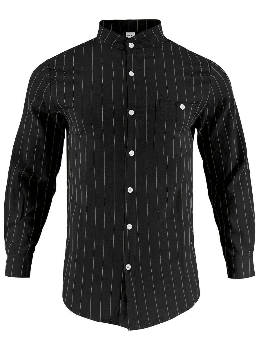 American Spring and Summer Linen Jacquard Striped Loose Casual Stand Collar Long Sleeved Pocket Men's Commuting Trend Shirt - Black