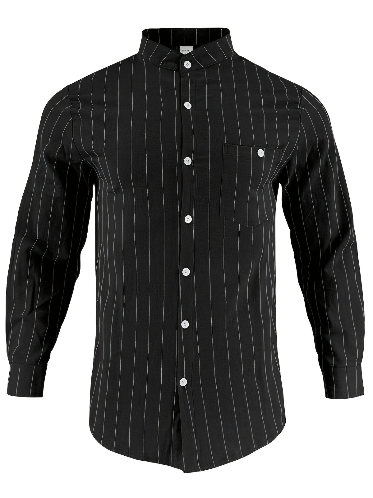 American Spring and Summer Linen Jacquard Striped Loose Casual Stand Collar Long Sleeved Pocket Men's Commuting Trend Shirt - Black